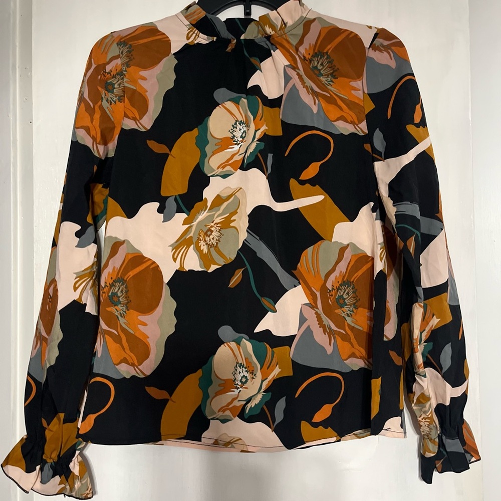 Chic Floral Blouse – Black & Orange Print, Size S - NWOT